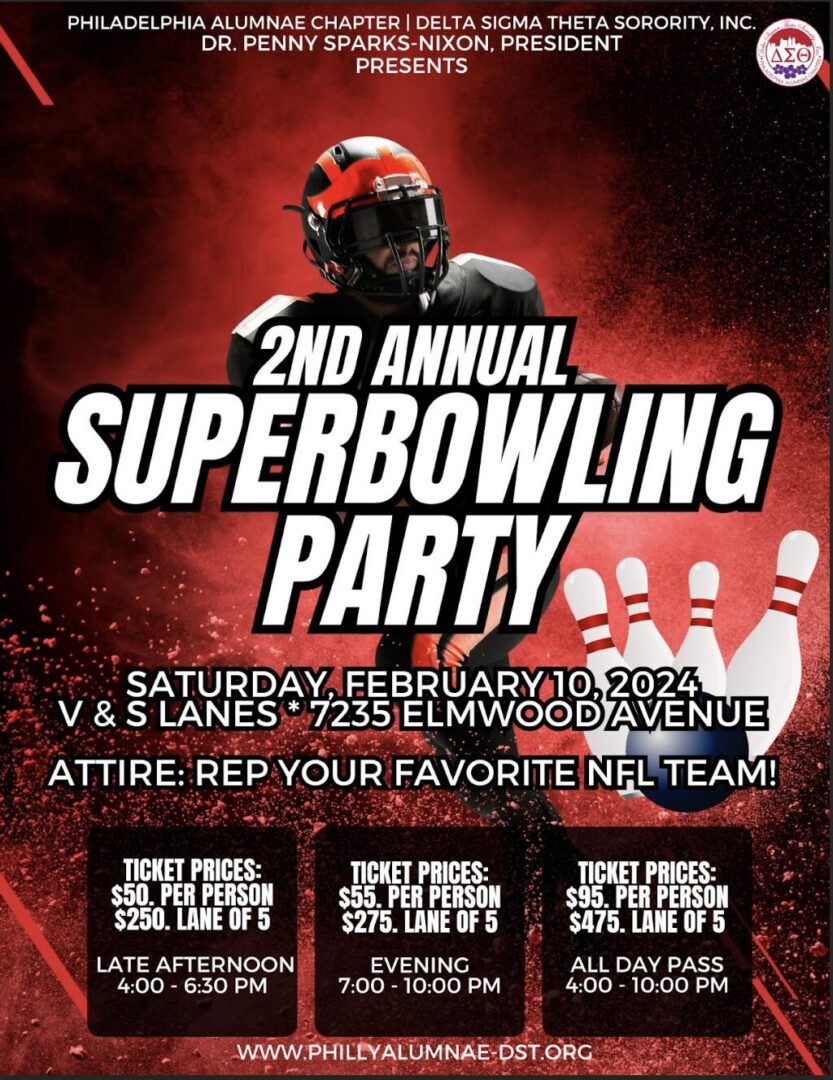 Poster for 2nd Annual Superbowling Party on February 10, 2024, at V & Lanes.